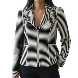 WHITE HOUSE BLACK MARKET Striped Zipper Front Peplum Hem Black & White Jacket 0